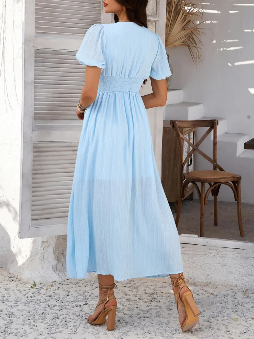 V-Neck Puff Short Sleeve Midi Dress, image 26