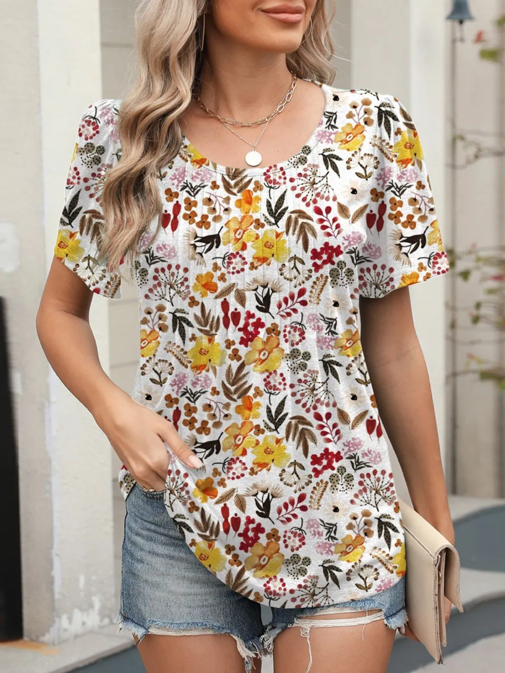 Floral Round Neck Short Sleeve Top, image 8