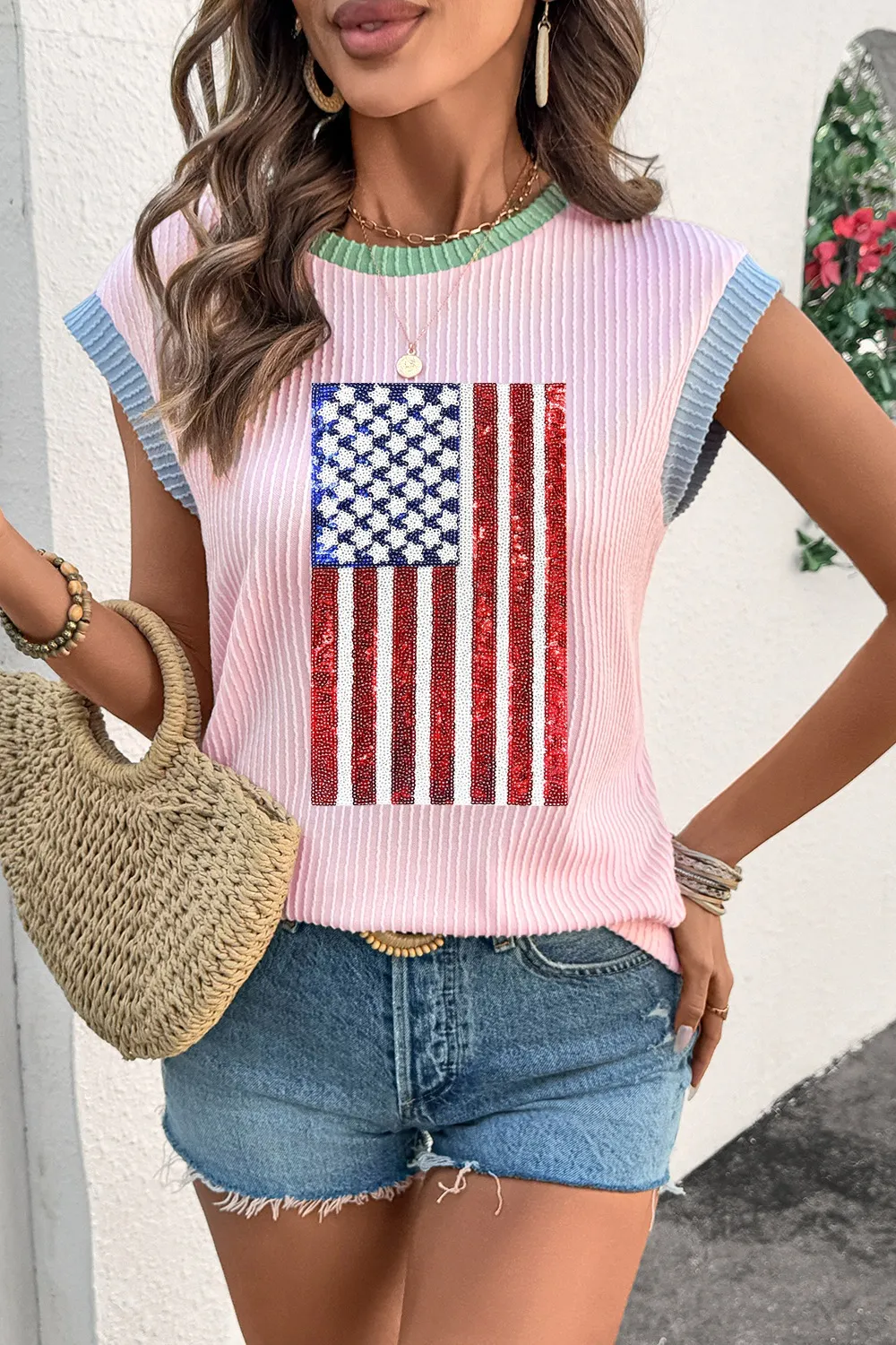 Colorblock Edge Twisted Rib Texture Sequin American Flag Casual T Shirt, image 6