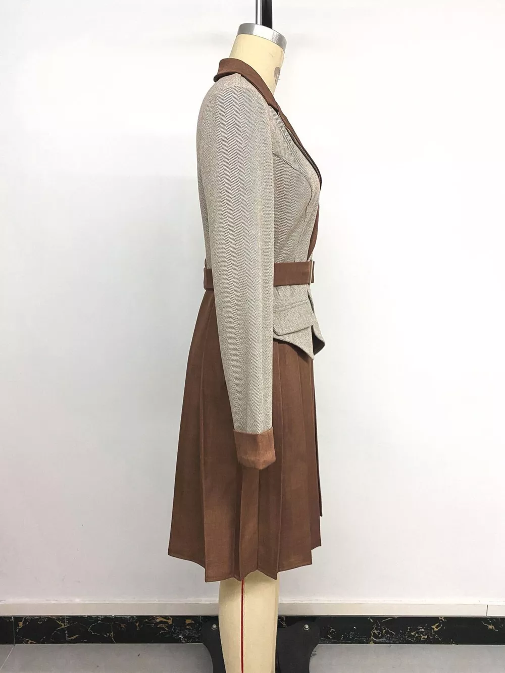 Pleated Patchwork Blazer Belt Dress, image 16