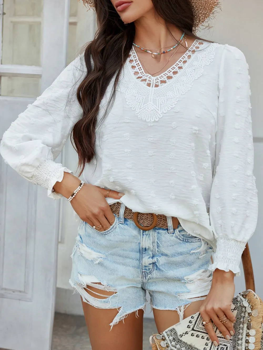 Swiss Dot Lace Detail V-Neck Long Sleeve Blouse, image 12