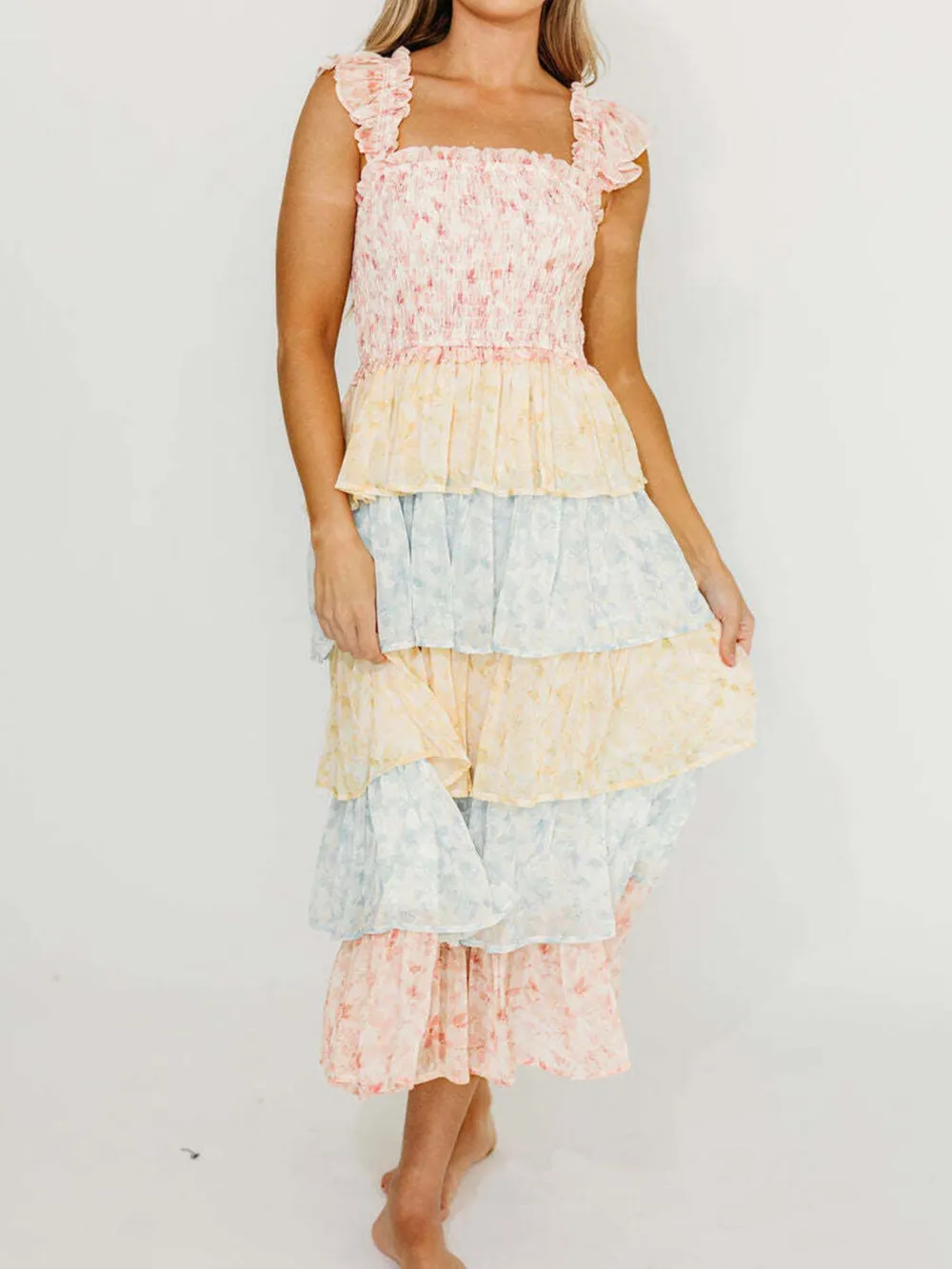 Smocked Ruffle Layered Floral Midi Dress, image 16