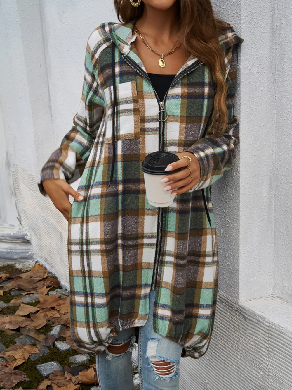 Plaid Zip Up Hooded Coat, image 13