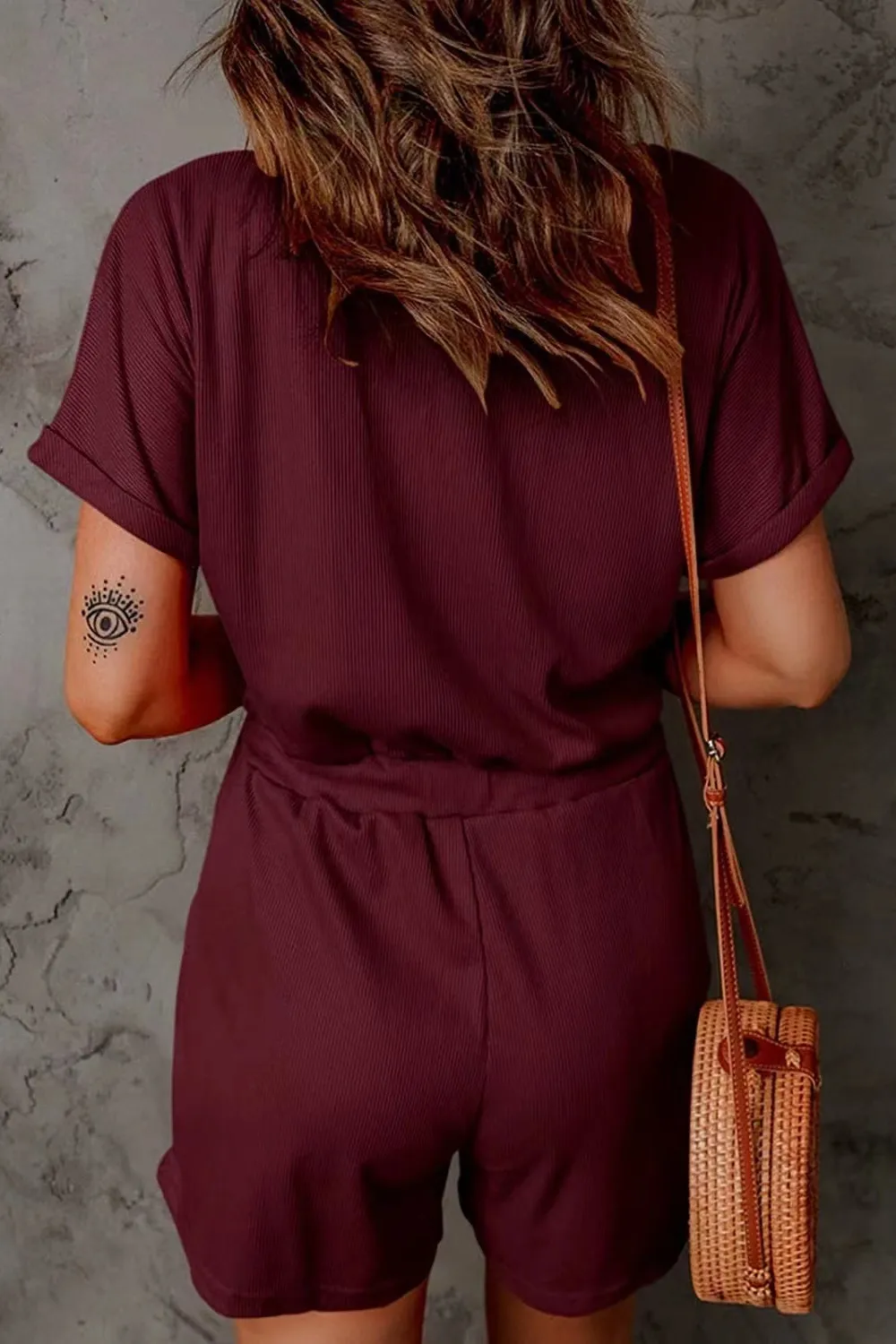 Full Size Drawstring V-Neck Short Sleeve Romper, image 12