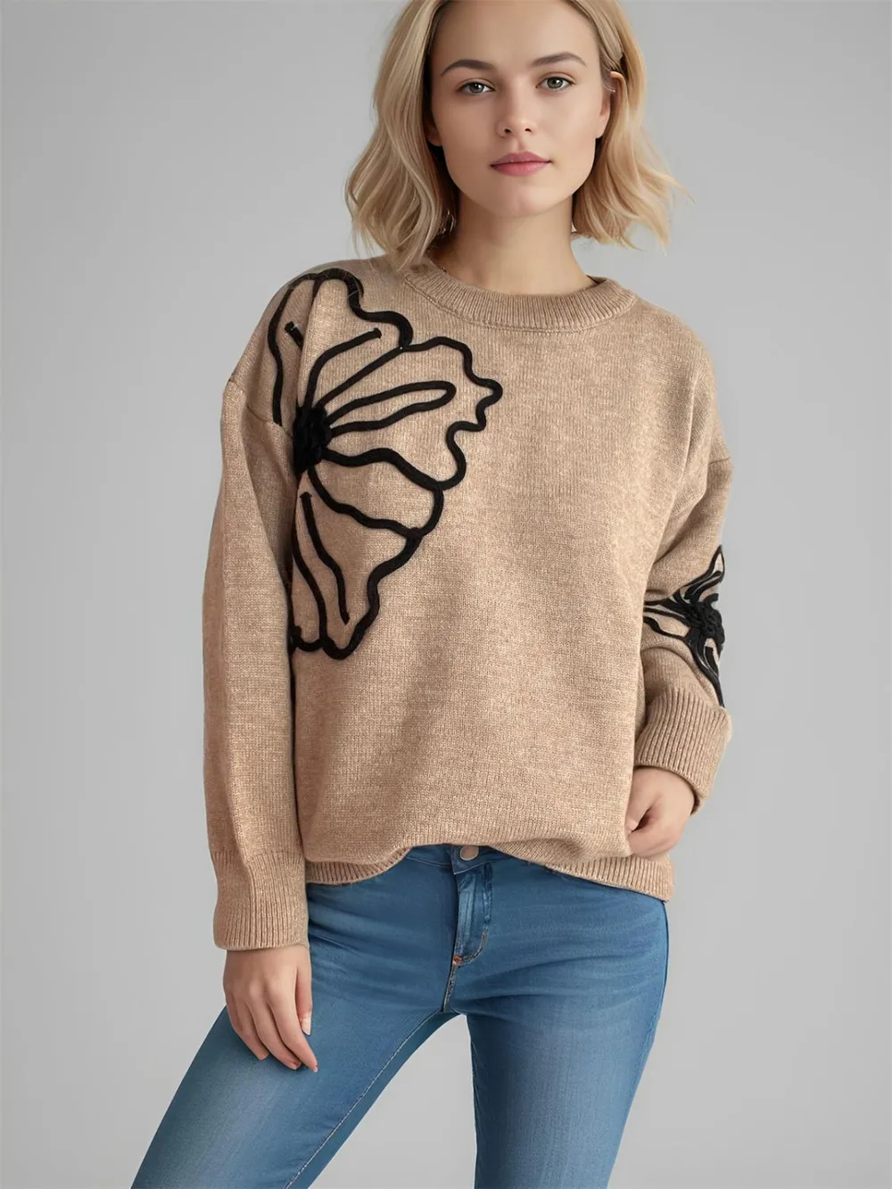 Flower Round Neck Long Sleeve Sweater, image 13