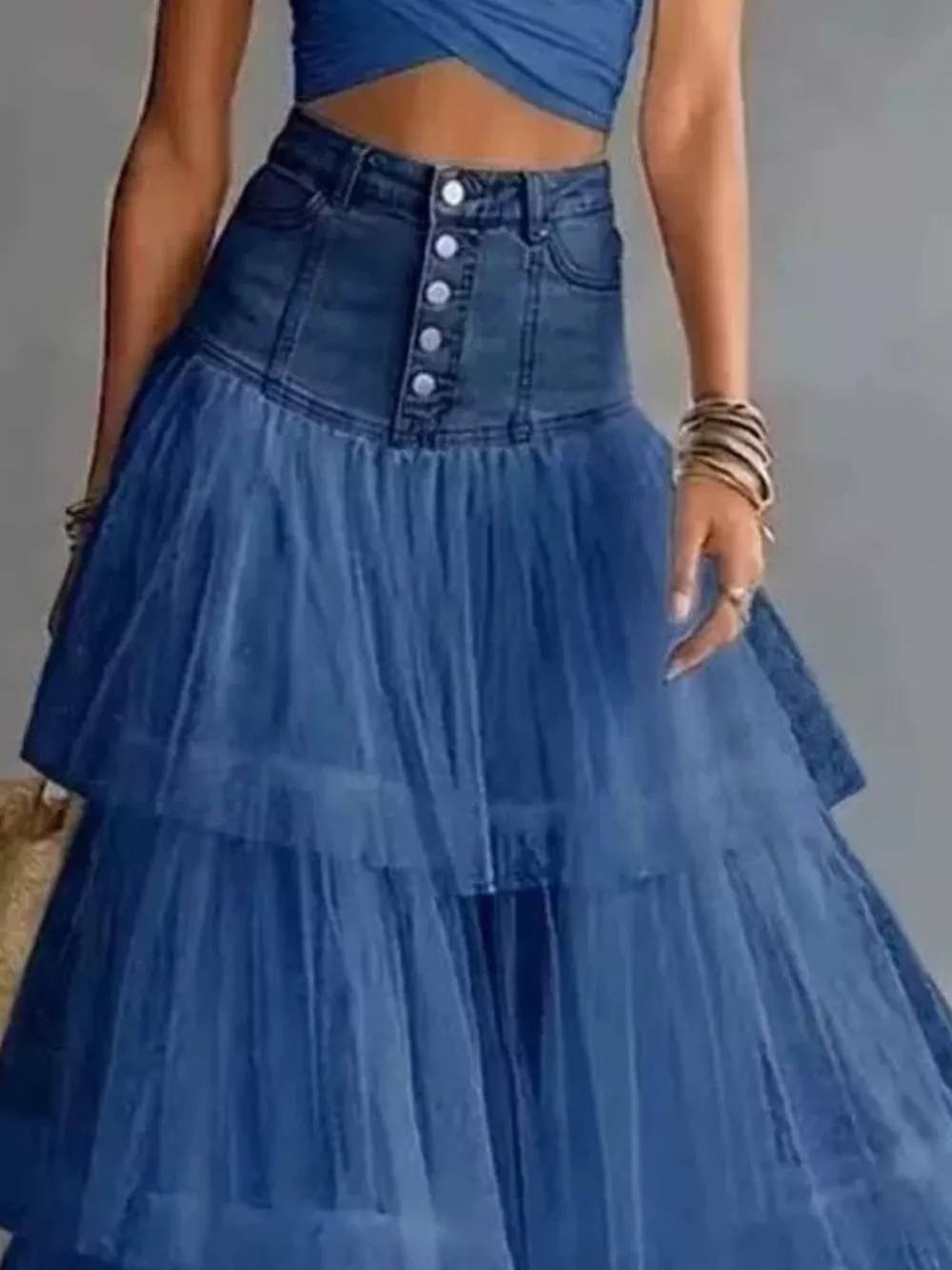High-Waisted Button-Front Denim and Tulle Maxi Skirt, image 5