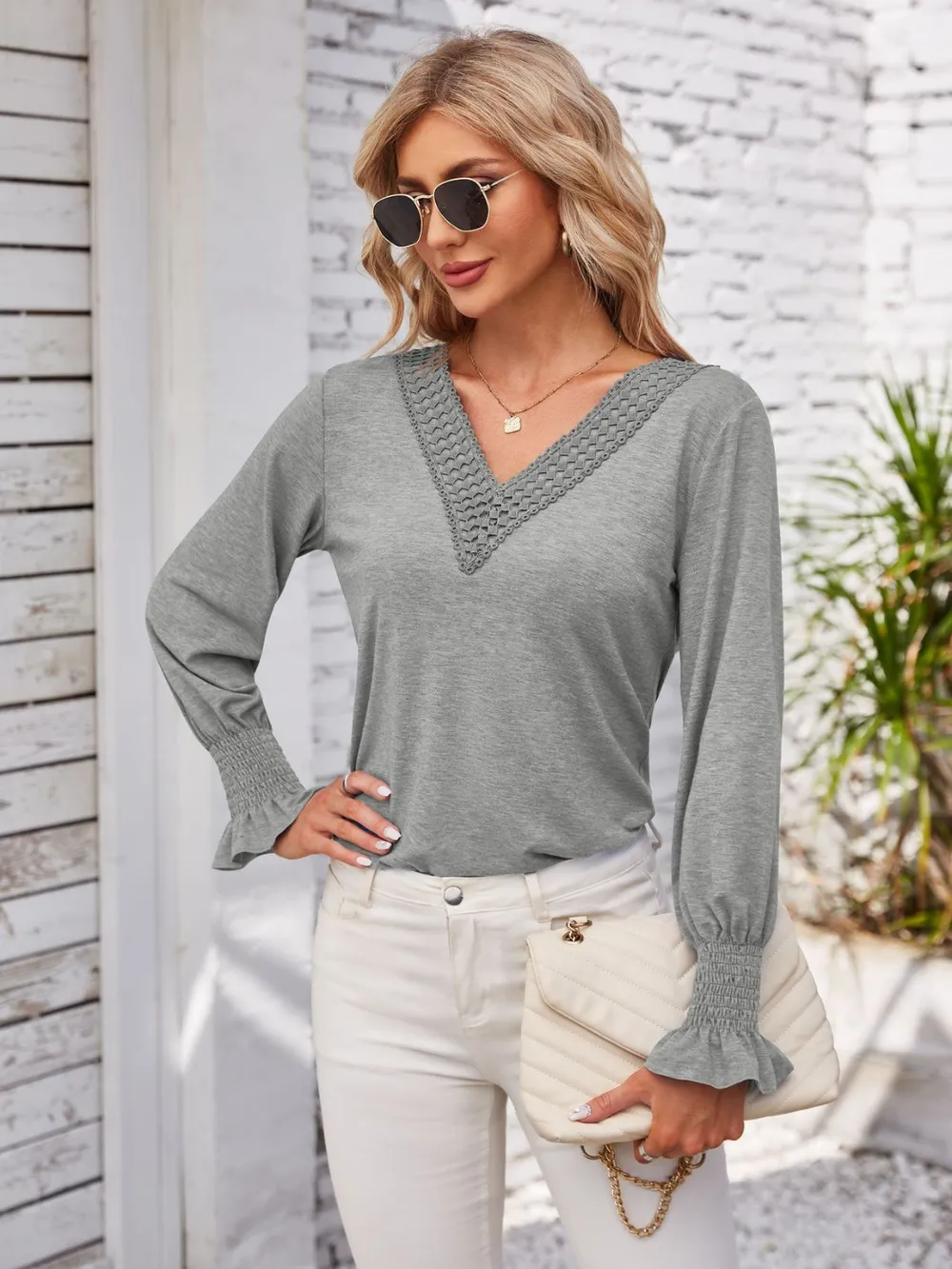 Smocked V-Neck Long Sleeve Blouse, image 14