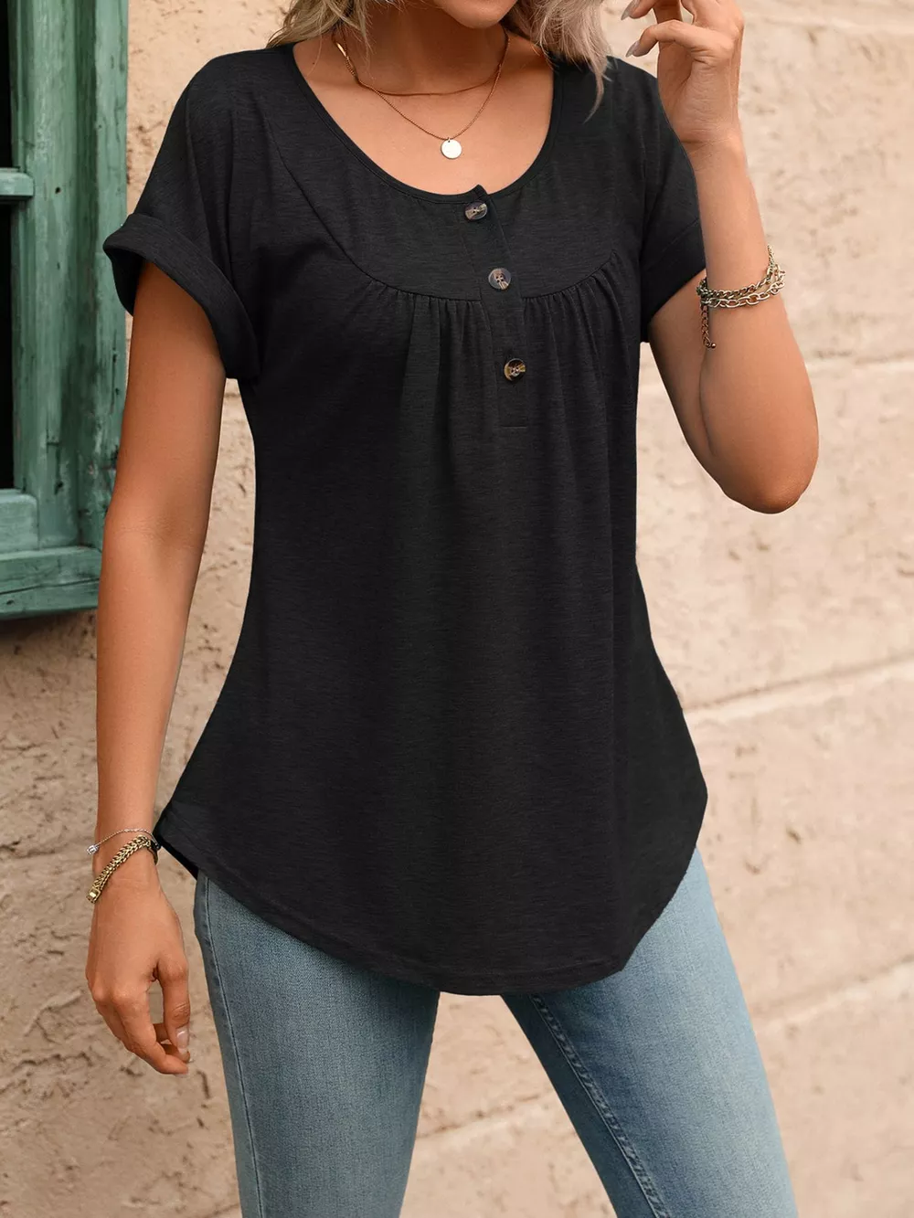 Casual Button Detail Henley T-Shirt, image 4