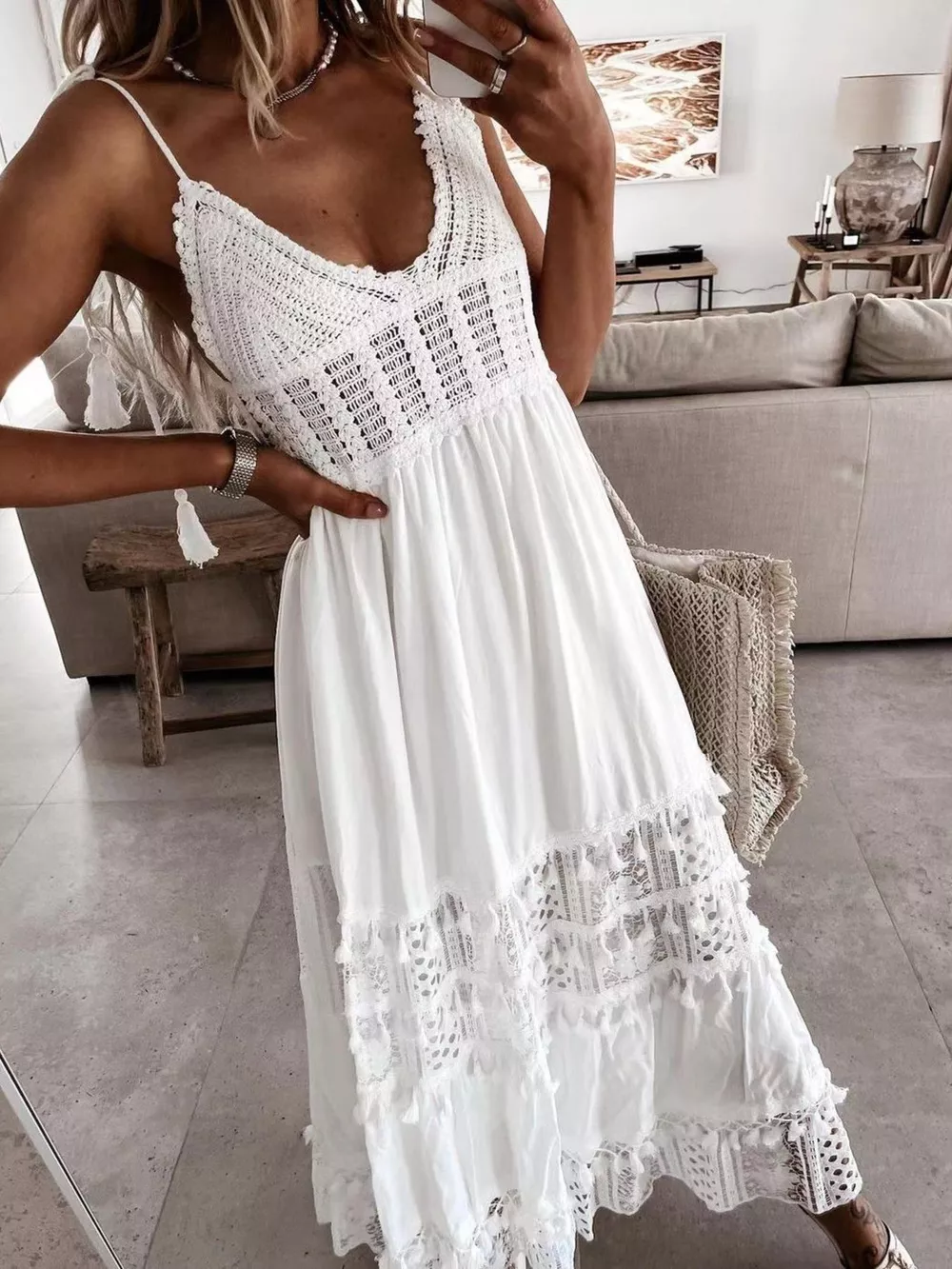 Full Size Bohemian Crochet Trimmed Cami Dress with Tassel Trim Plus Size, image 8