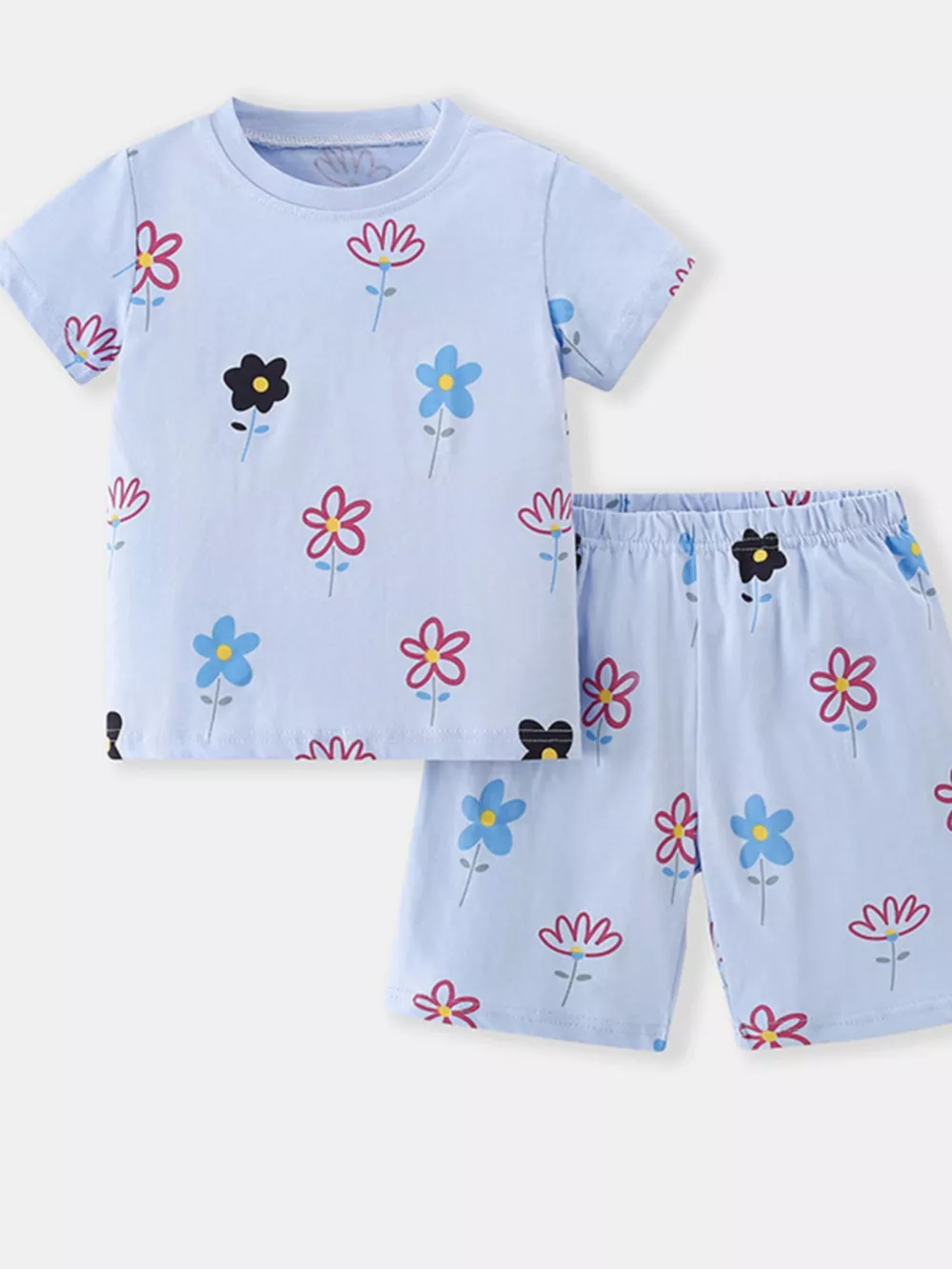 Children's Floral Print Round Neck Tee and Shorts Set