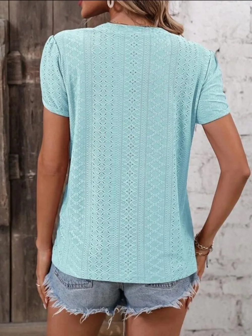 Eyelet V-Neck Petal Sleeve T-Shirt, image 24