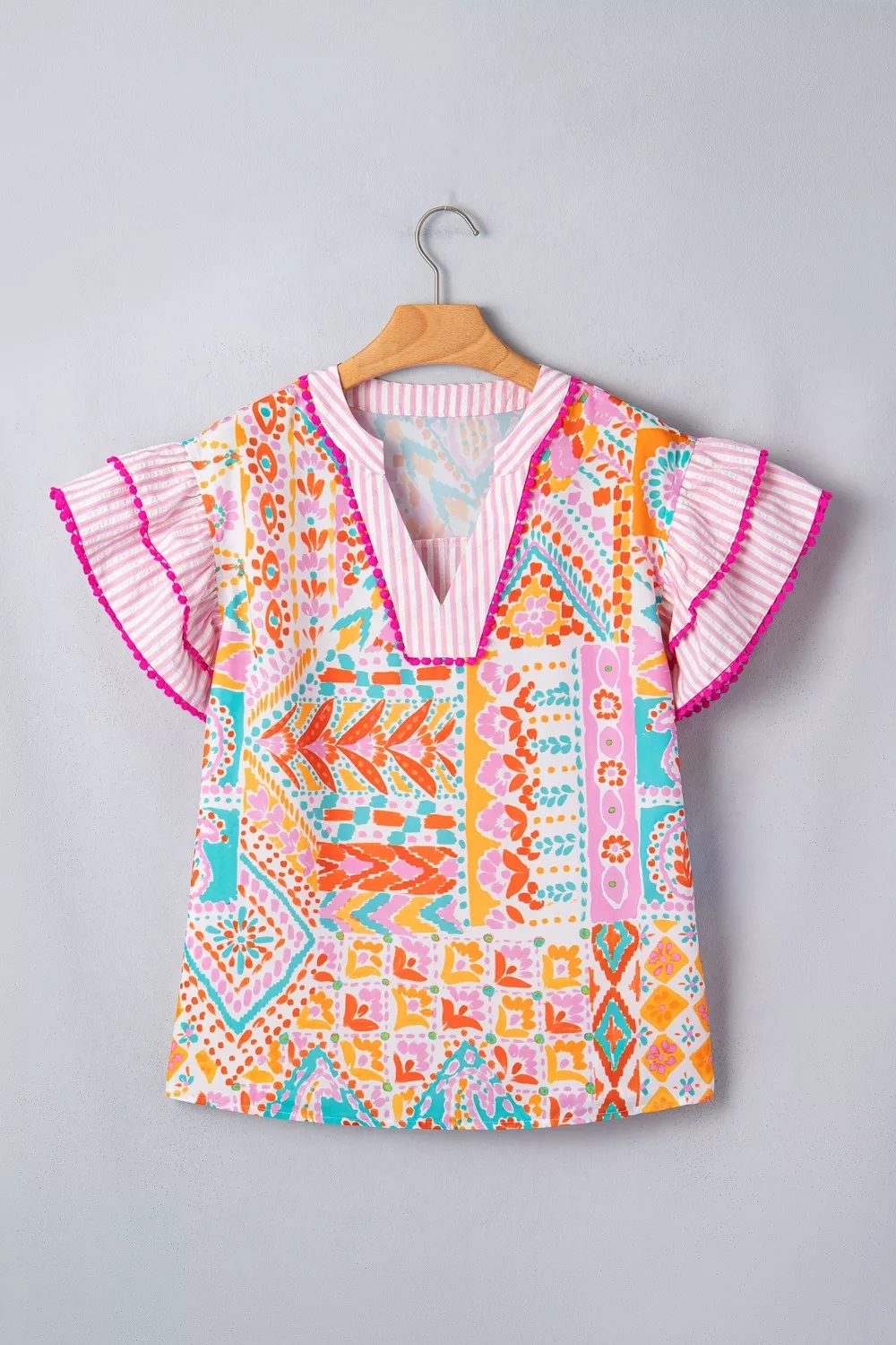 Mixed Print Contrast Trim Striped Patchwork Tiered Short Sleeve Blouse, image 5