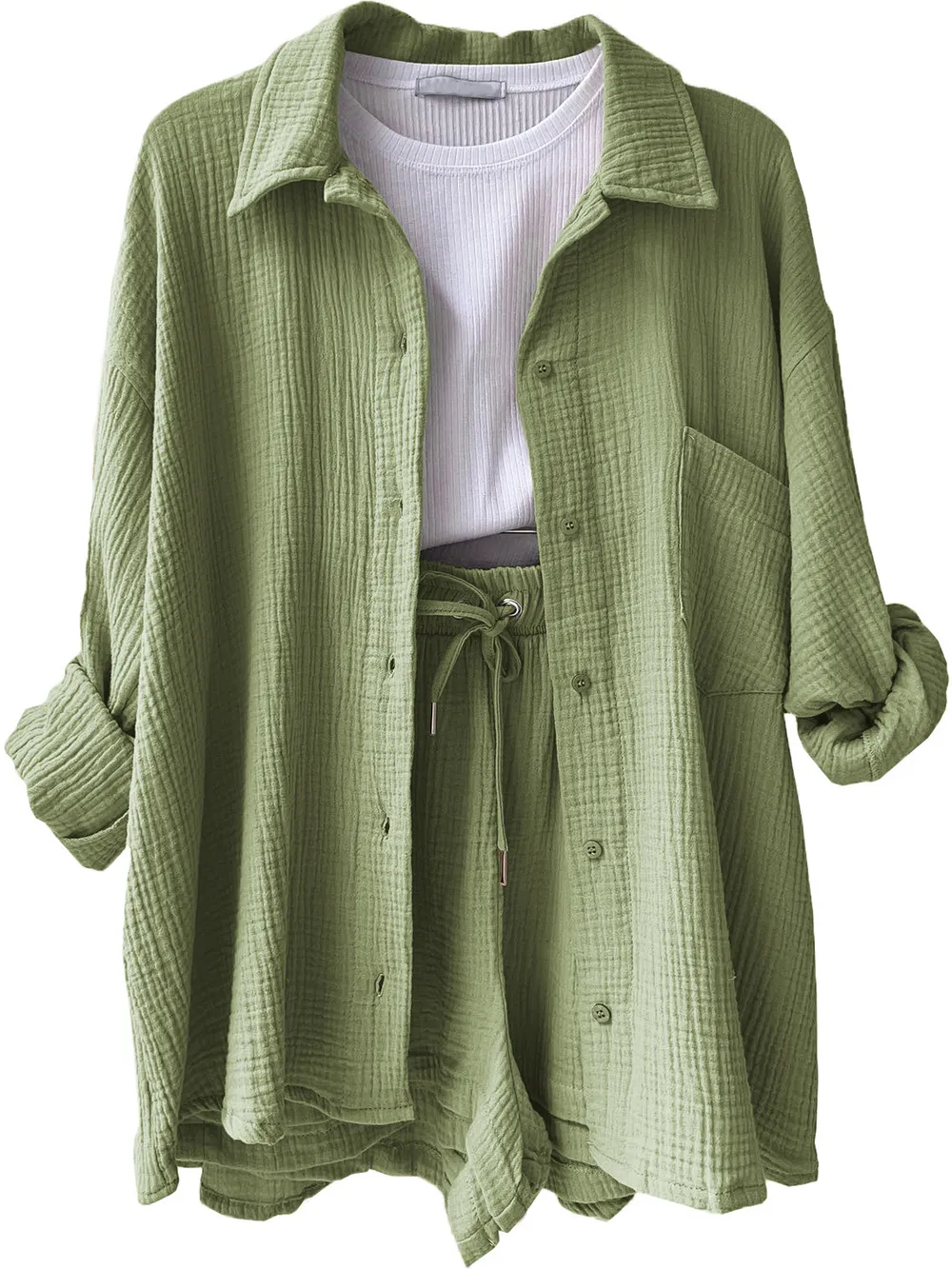 Texture Button Up Shirt and Drawstring Shorts Set, image 28