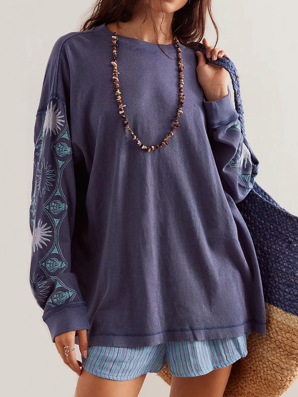 Embroidered Round Neck Long Sleeve Sweatshirt, image 2
