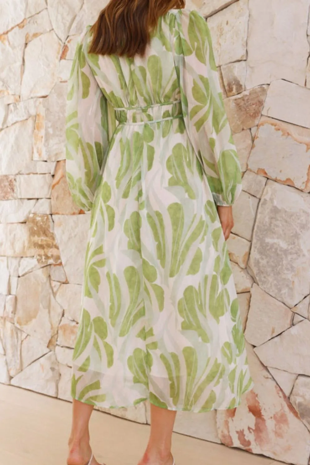 Printed V-Neck Long Sleeve Midi Dress, image 2