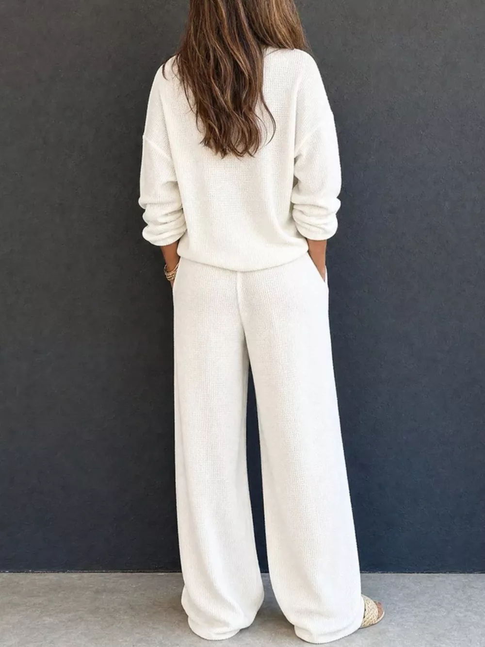 Waffle Knit Henley Top and Wide Leg Pants Set, image 3
