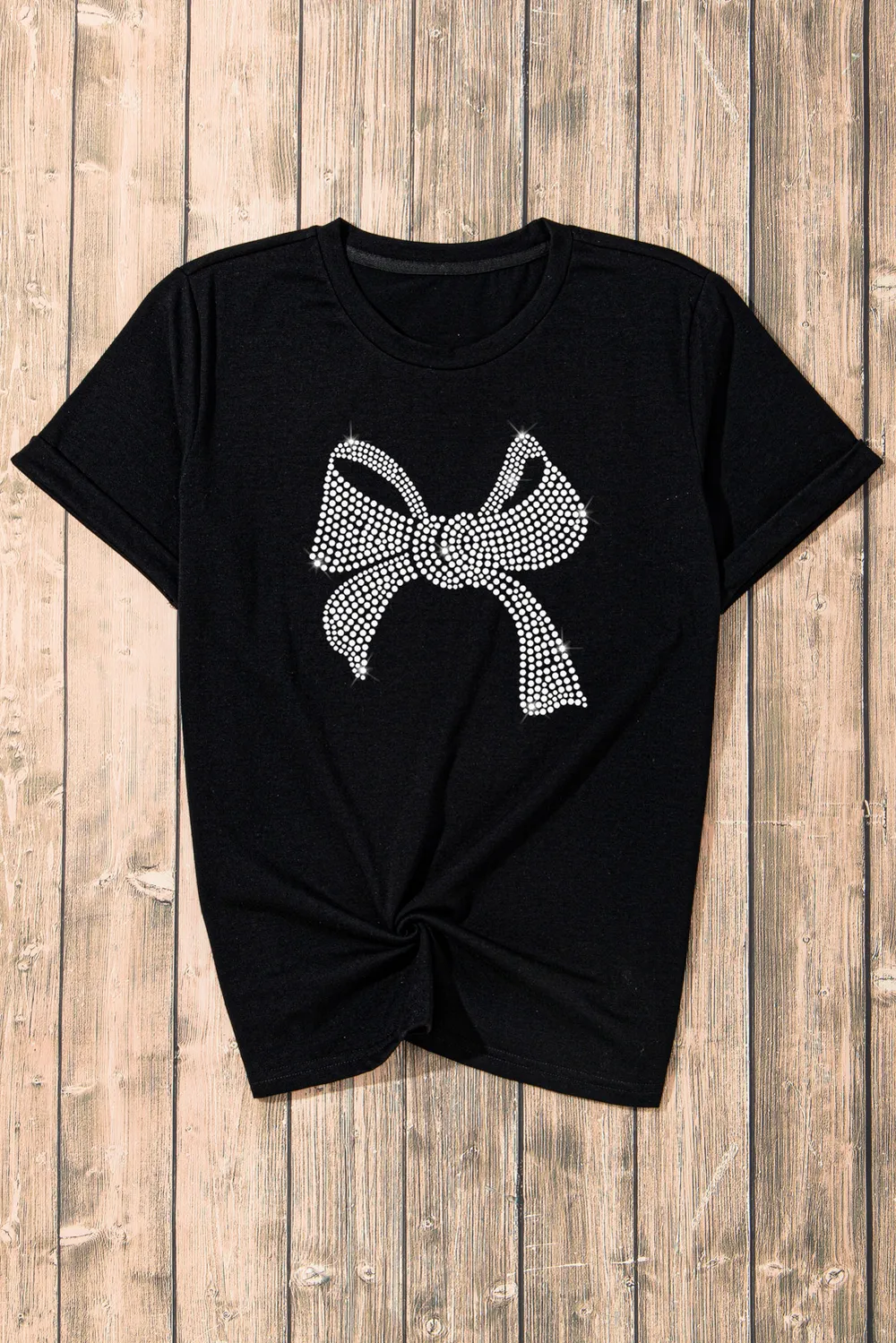 Rhinestone Bow Graphic Round Neck Short Sleeve T-Shirt, image 3