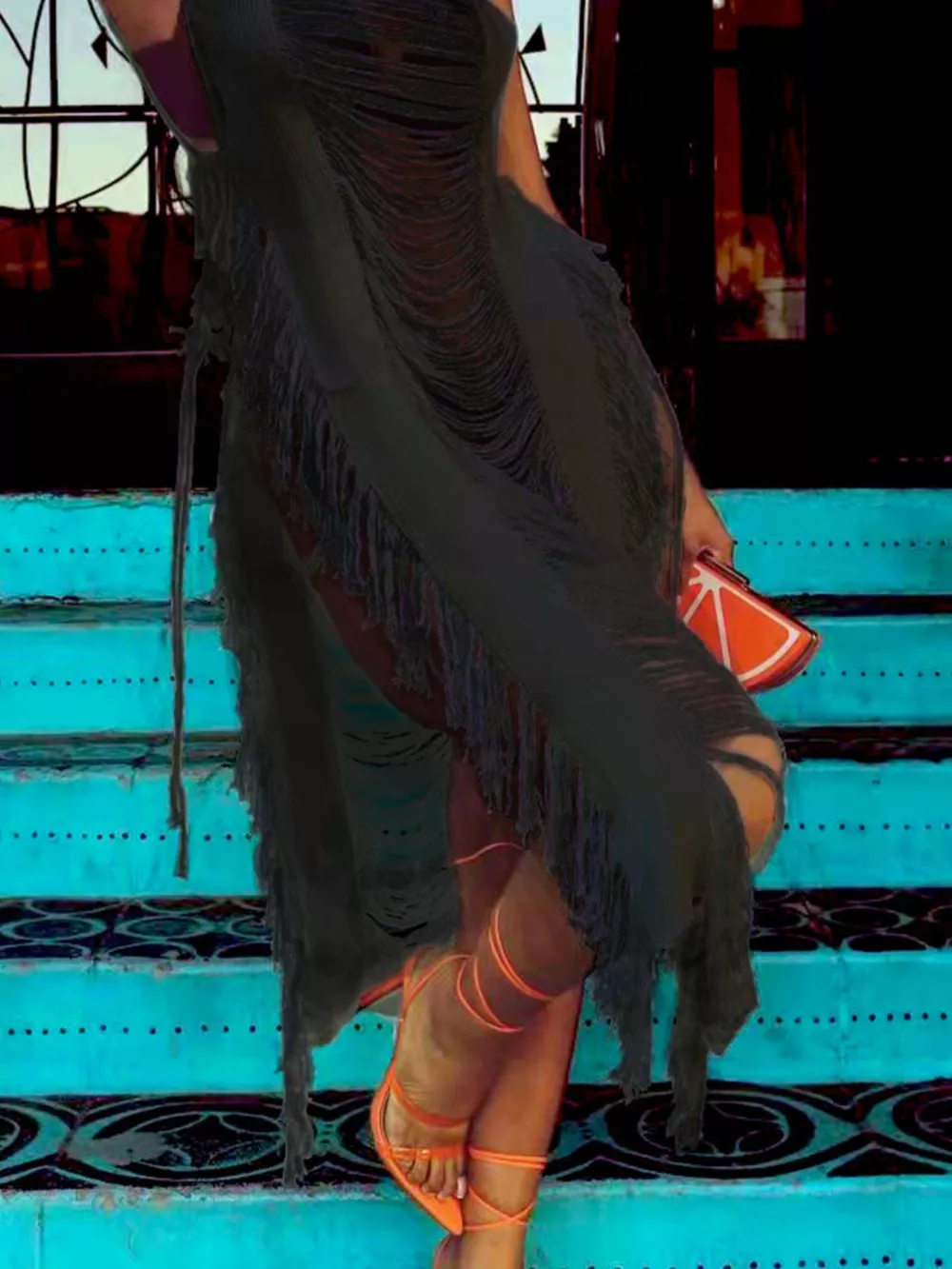Fringe Split Square Neck Midi Dress, image 6