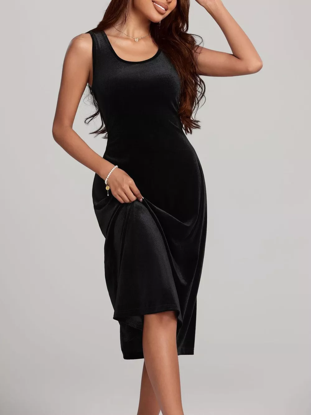 Round Neck Sleeveless Velvet A-Line Midi Dress, image 2