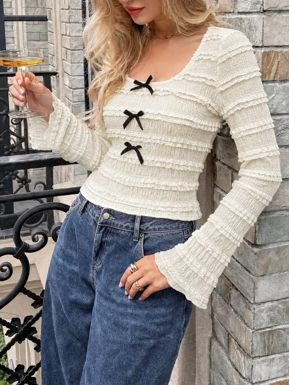Bow Textured Long-Sleeve T-Shirt, image 4