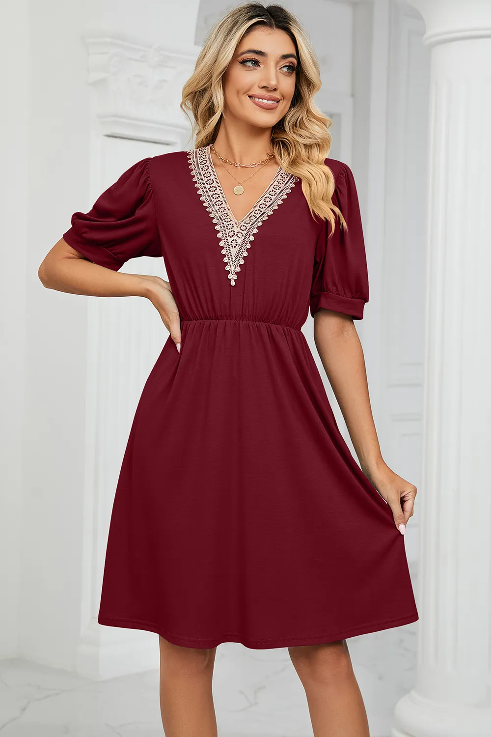 V-Neck Puff Sleeve Dress, image 4