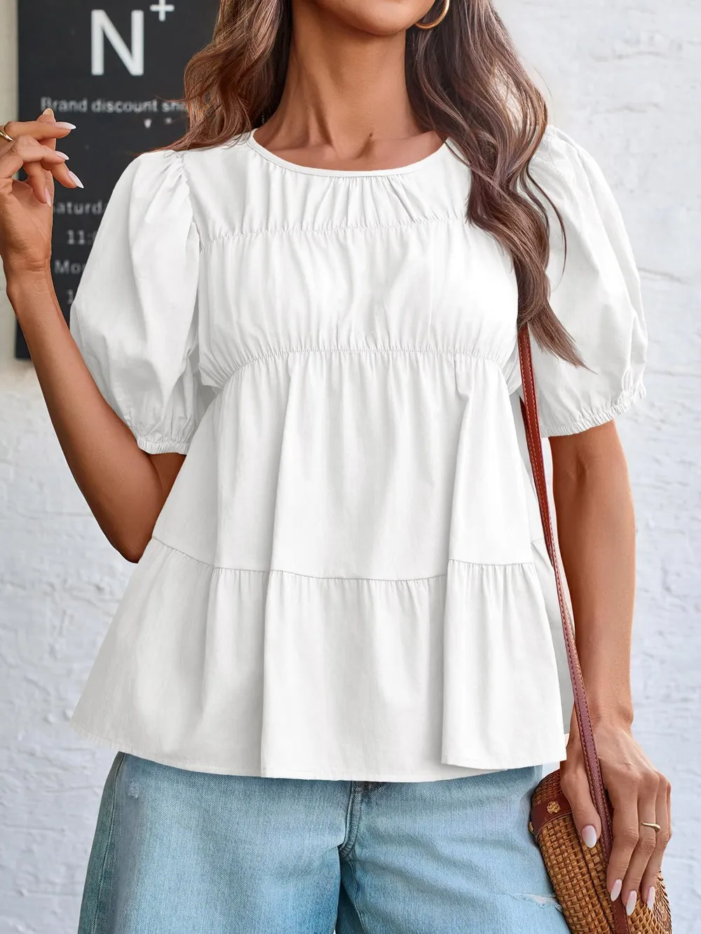 Round Neck Puff Sleeve Tiered Blouse, image 14