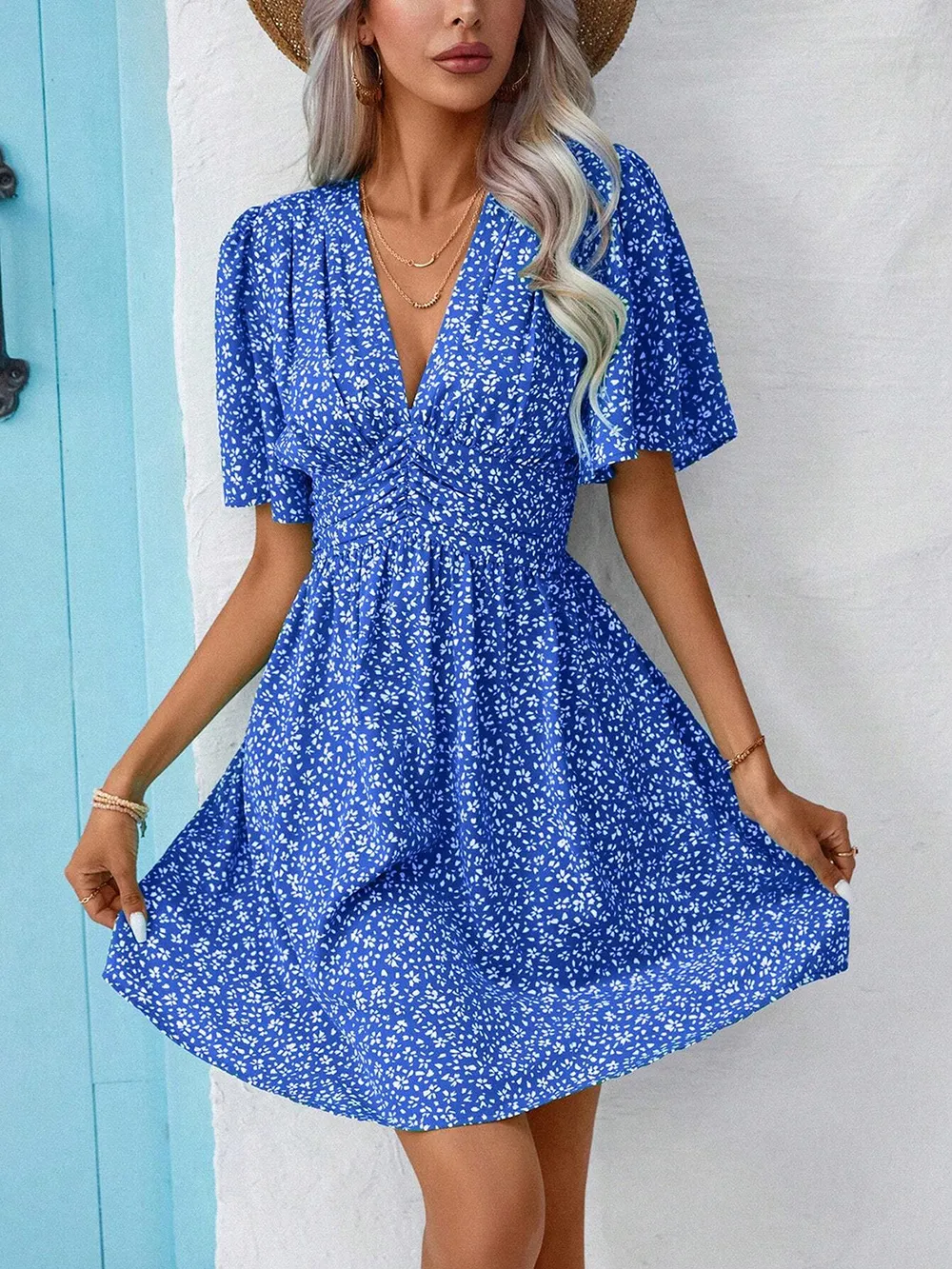 Printed V-Neck Half Sleeve Mini Dress, image 30