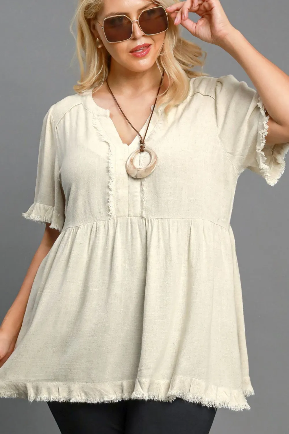Full Size Raw Hem Notched Babydoll Linen Blouse Plus Size, image 4