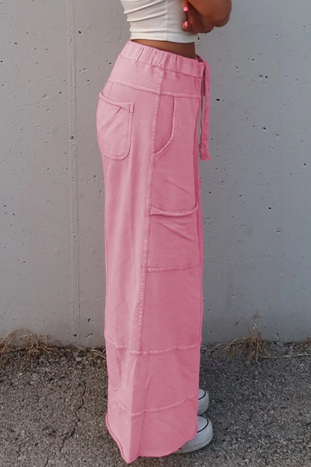Mineral Wash Exposed Seam Drawstring High Waist Wide Leg Cargo Pants, image 21
