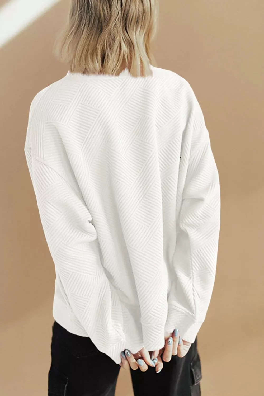 Solid Color Textured Round Neck Drop Shoulder Pullover Sweatshirt, image 6