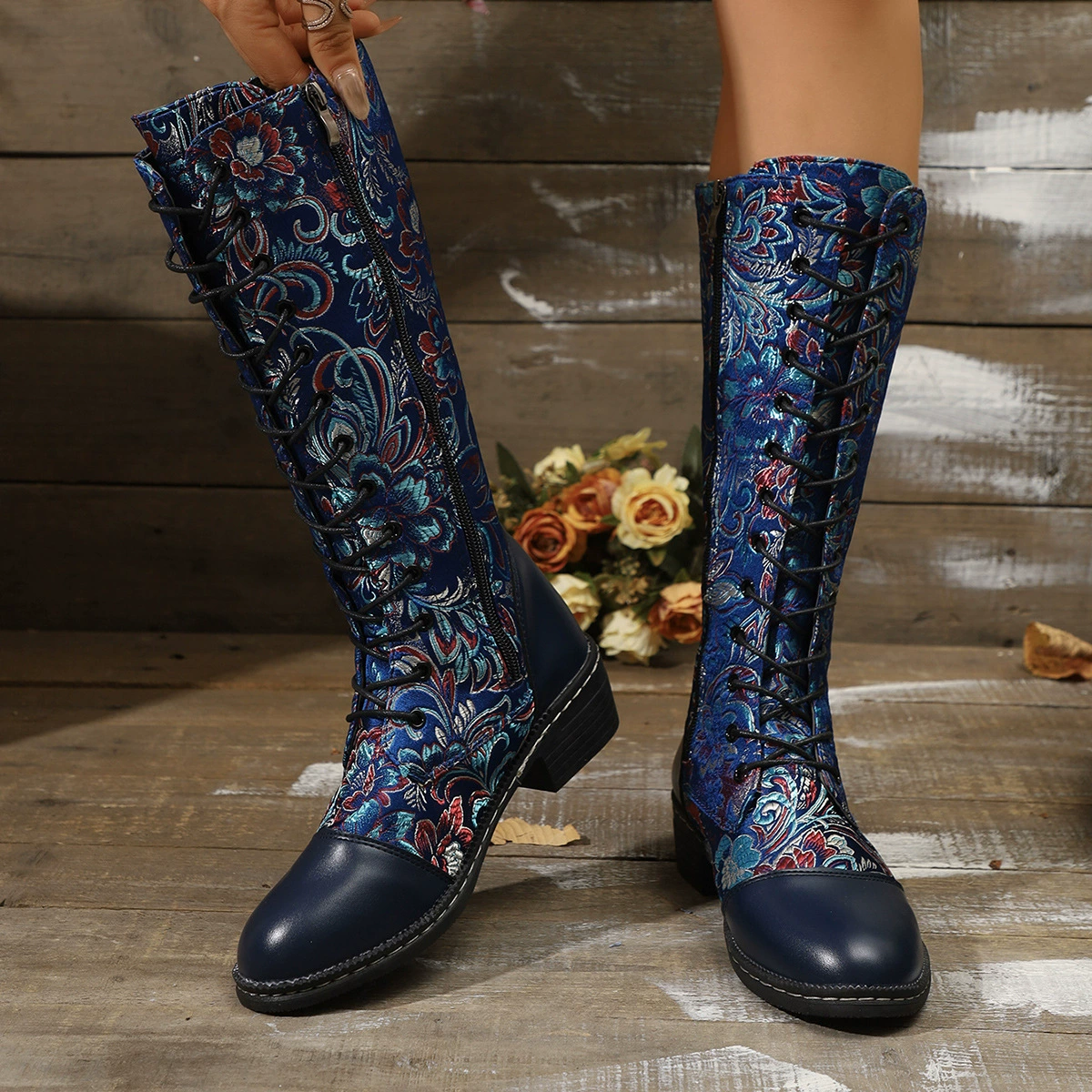 Embroidered Lace-Up Block Heel Boots, image 7