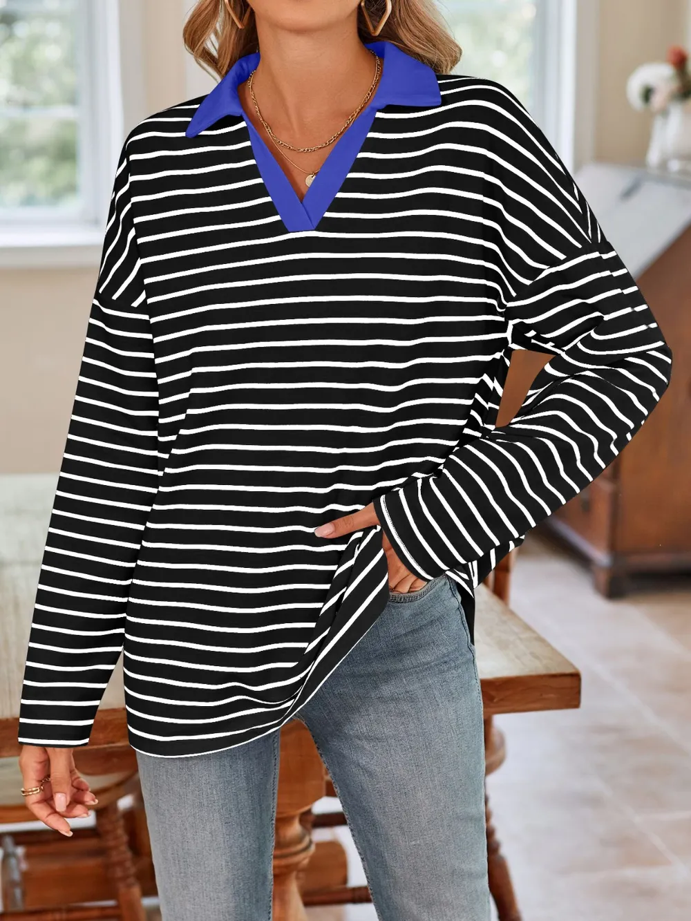 Striped Johnny Collar Long Sleeve T-Shirt, image 21