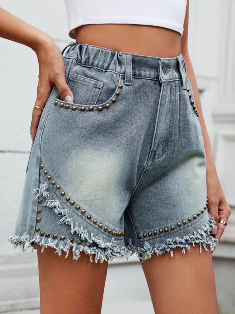 Raw Hem Studded Denim Shorts, image 3