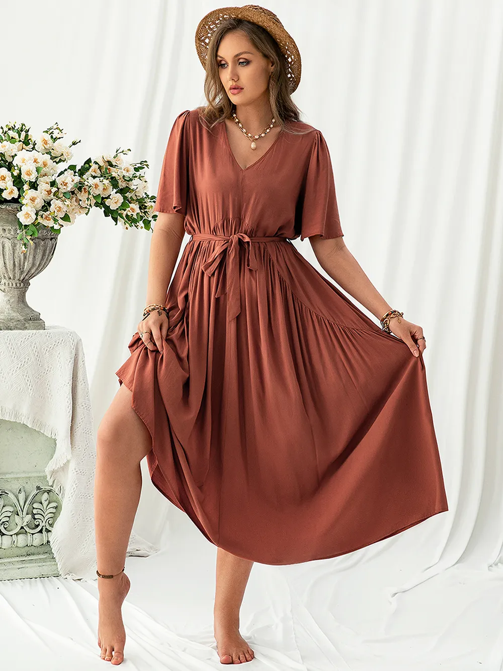 Plus Size V-Neck Flutter Sleeve Midi Dress, image 6