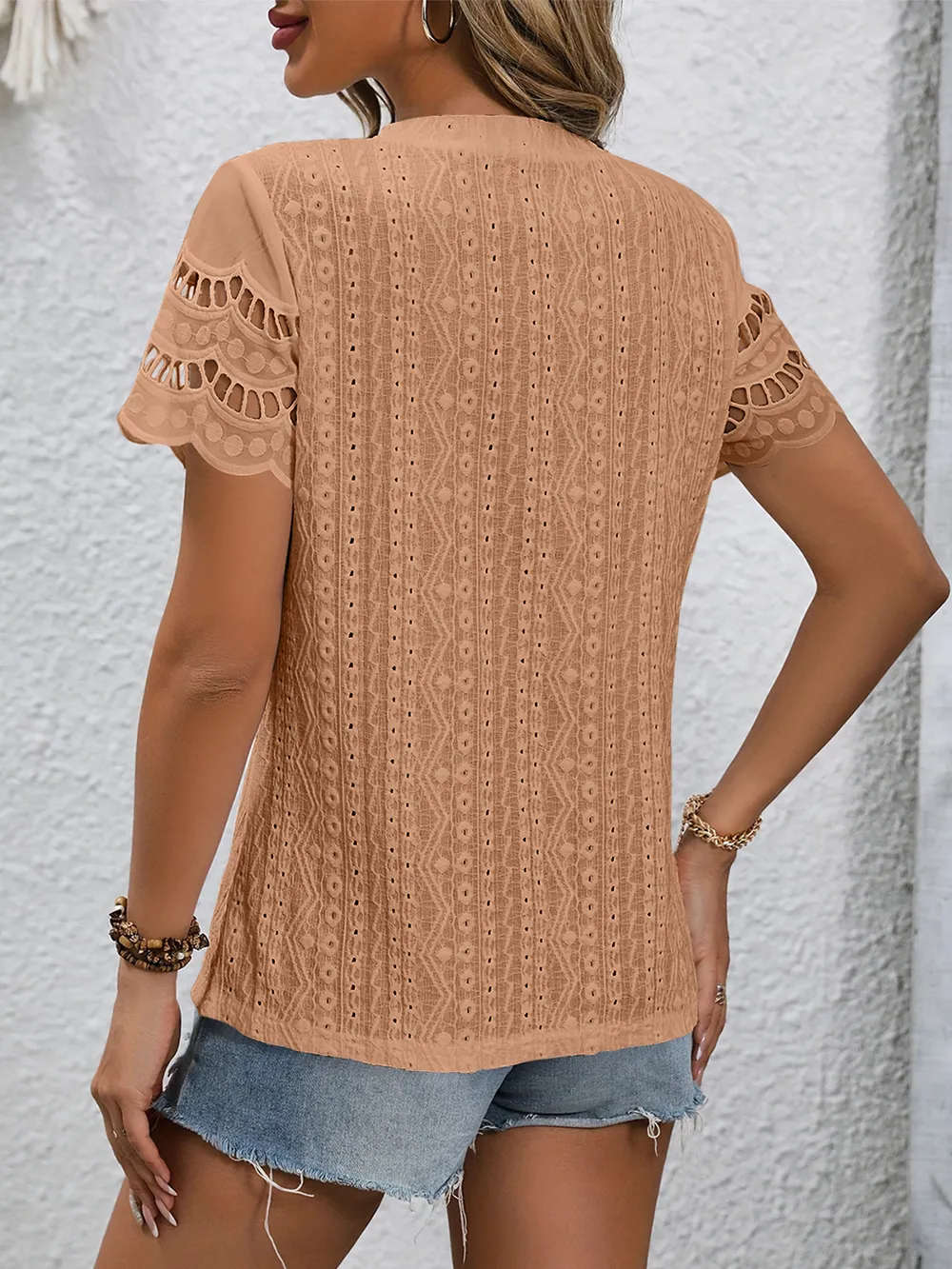 Full Size Eyelet Round Neck Short Sleeve Top, image 30