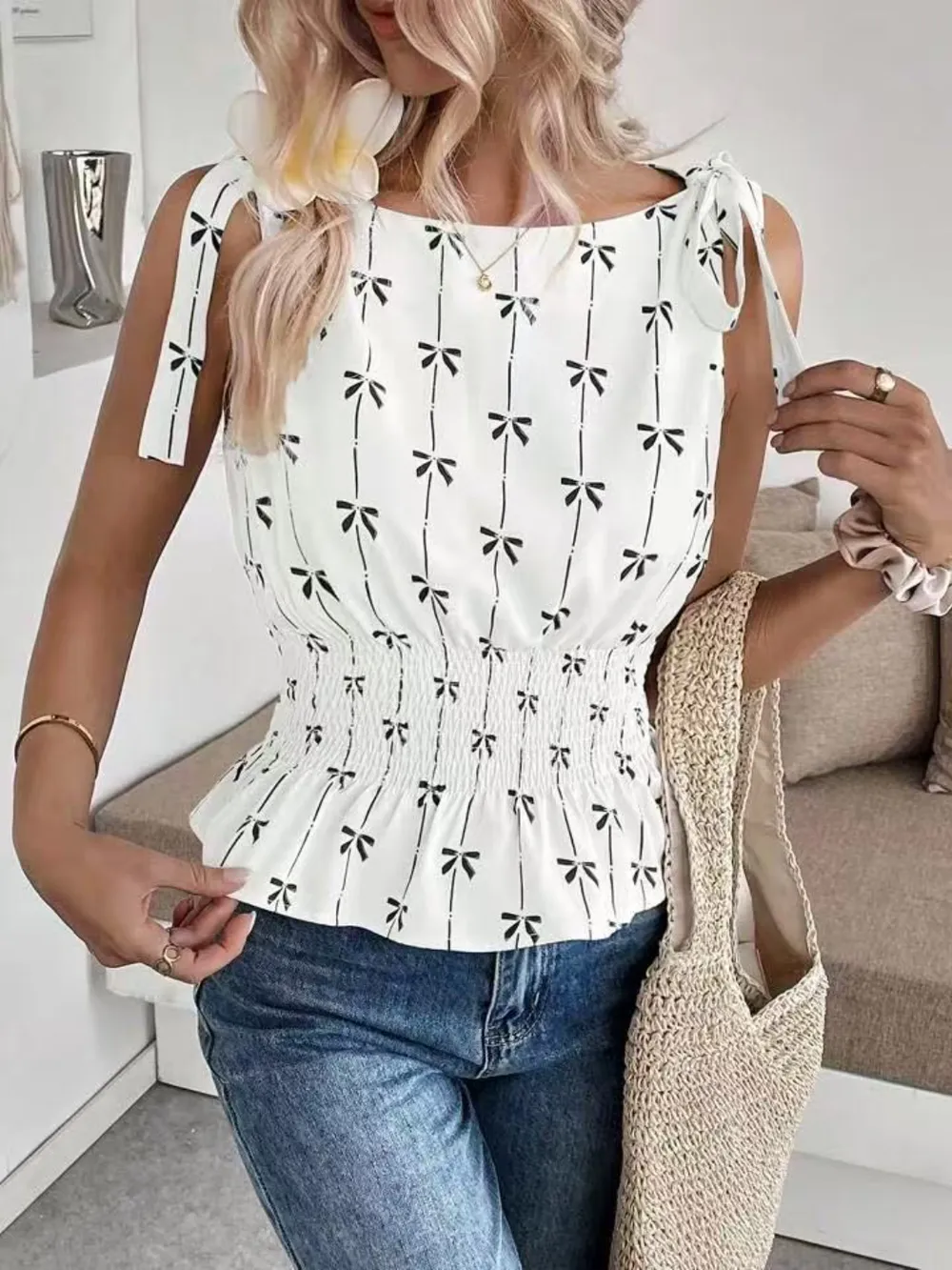 Bow Print Tie Shoulder Tank, image 5