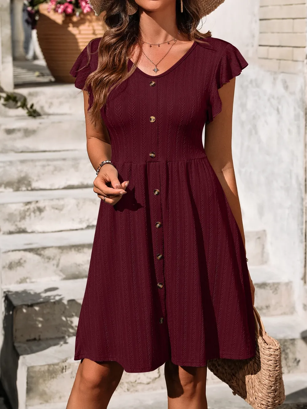 V-Neck Ruffled Cap Sleeve Dress, image 22