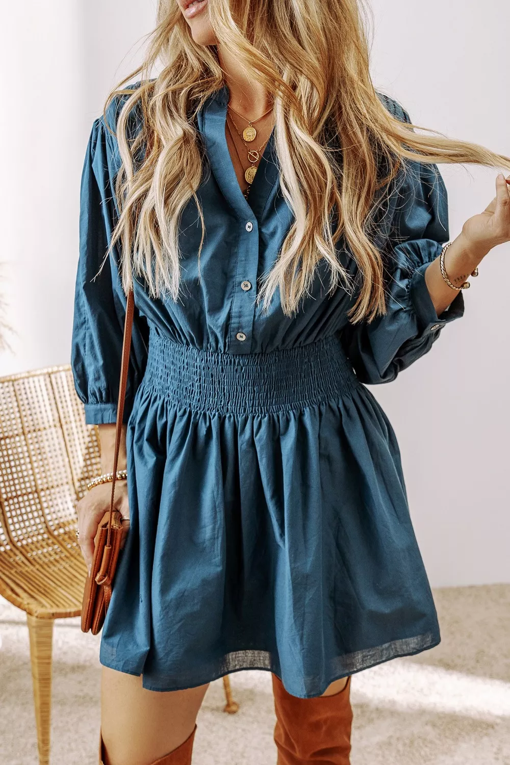 Smocked Button Front Mini Dress, image 7