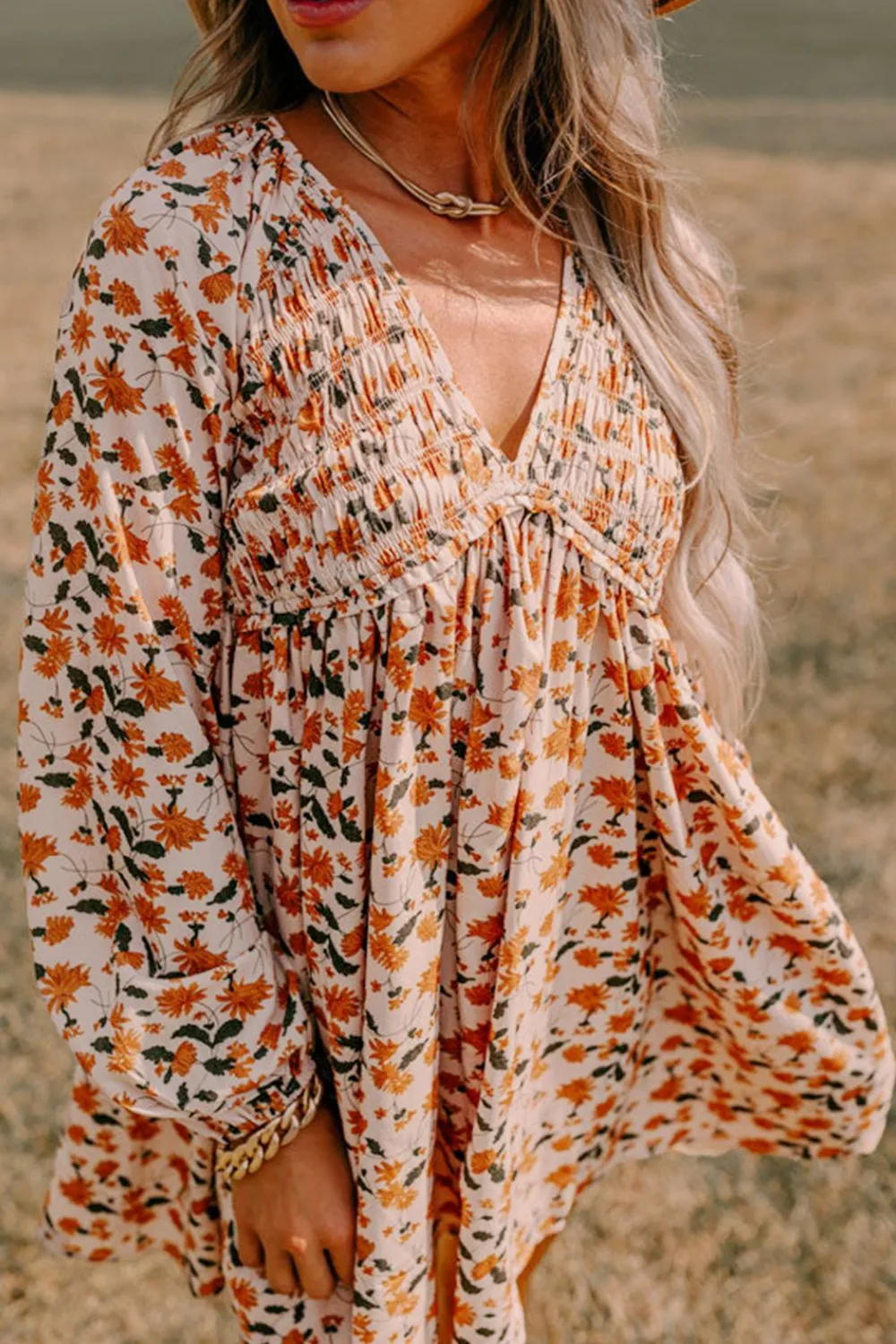 Smocked Printed V-Neck Long Sleeve Dress, image 11