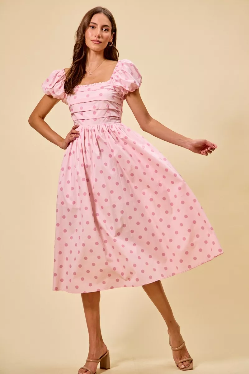 Polka Cotton Print Short Sleeves Midi Dress, image 8