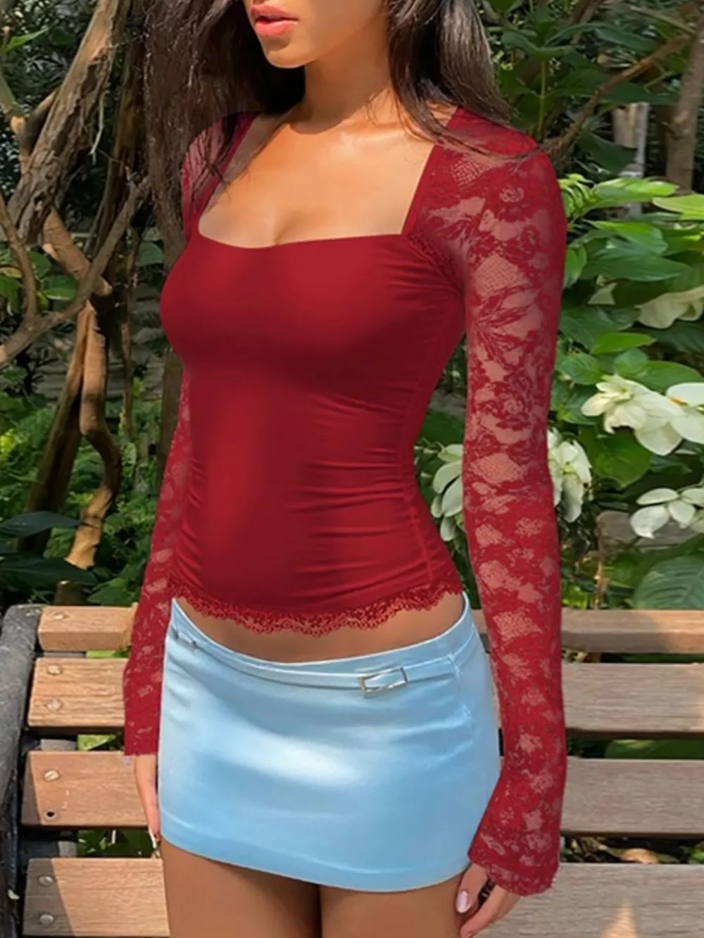 Sheer Lace Sleeve Square Neck T-Shirt, image 25