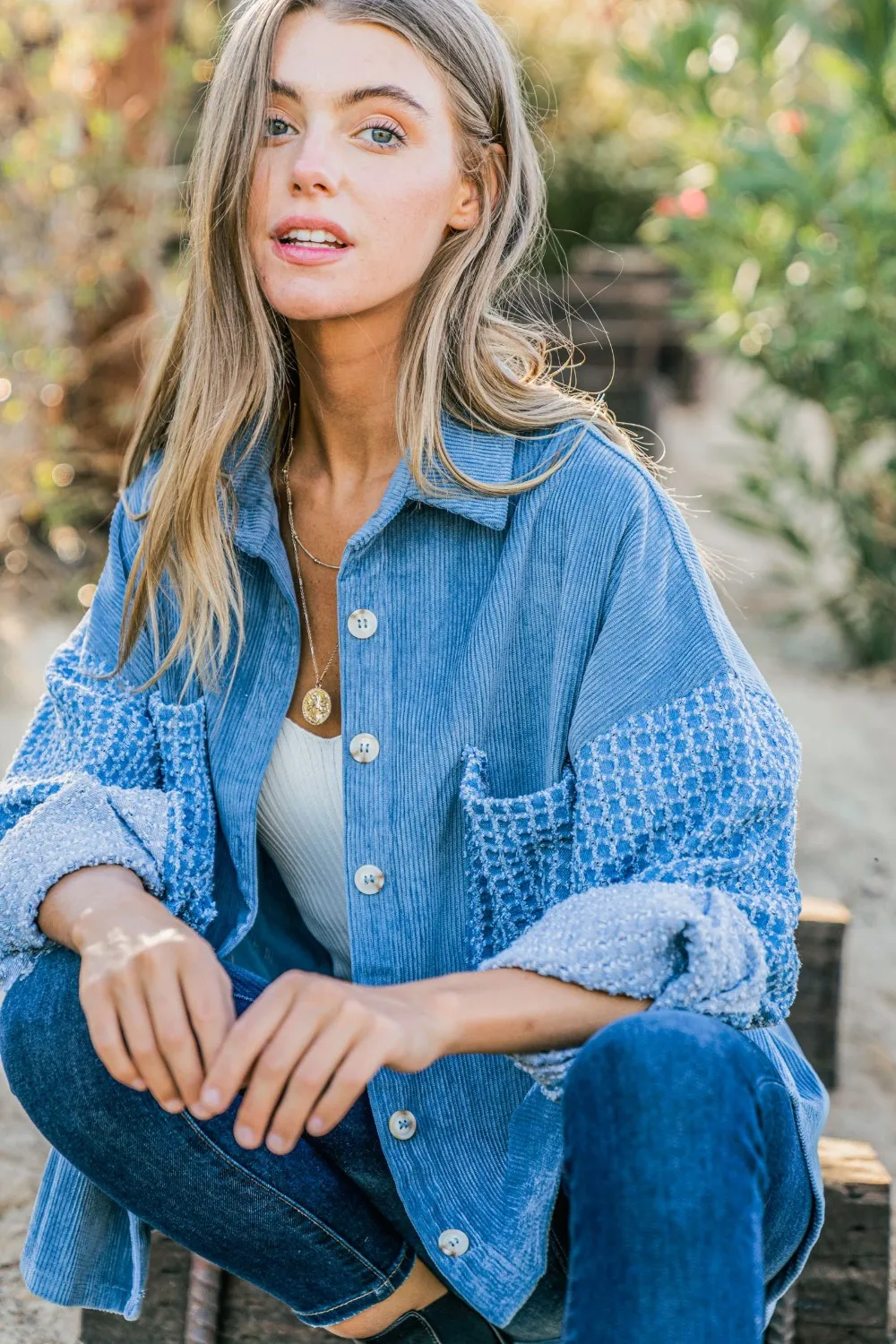 Button Down Corduroy Contrast Texture Long Sleeve Shacket, image 3
