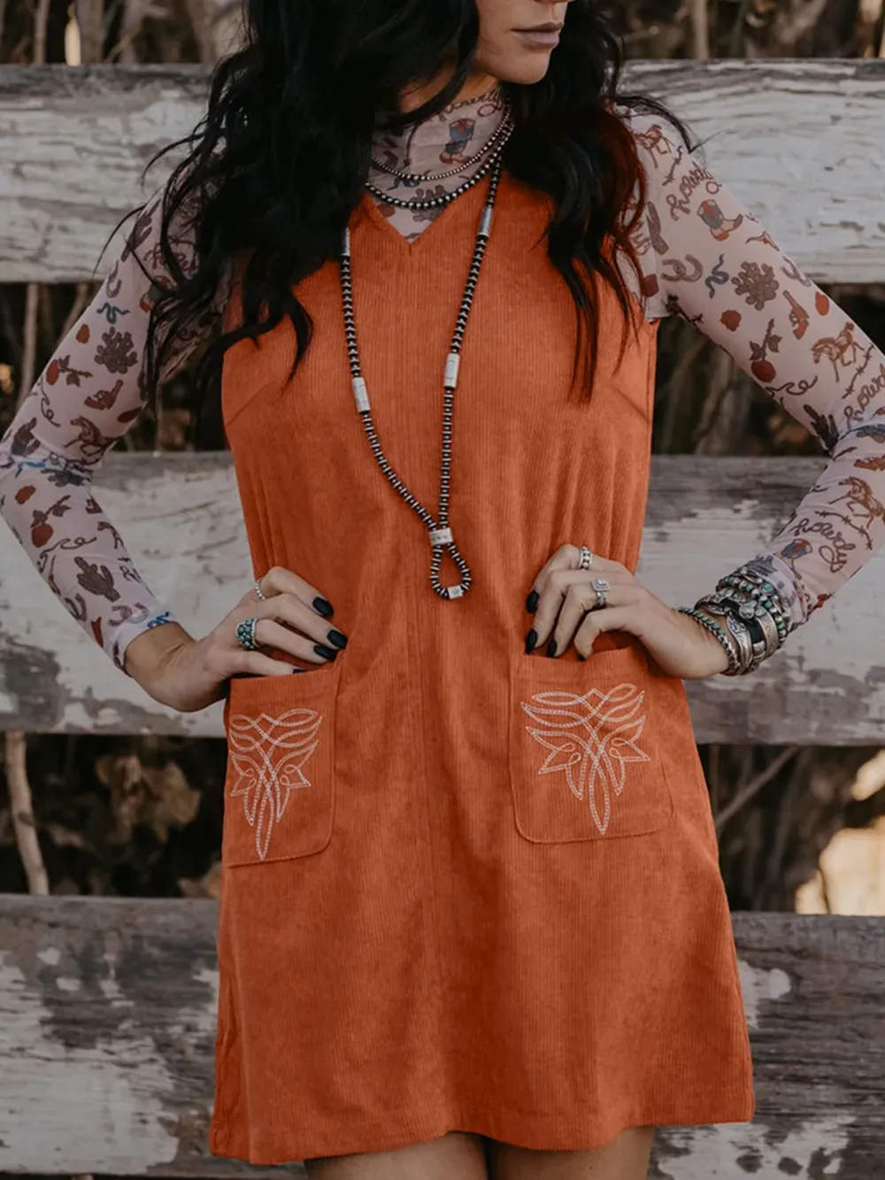 Corduroy Western Embroidered Patched Pocket Shift Sleeveless Mini Dress, image 5
