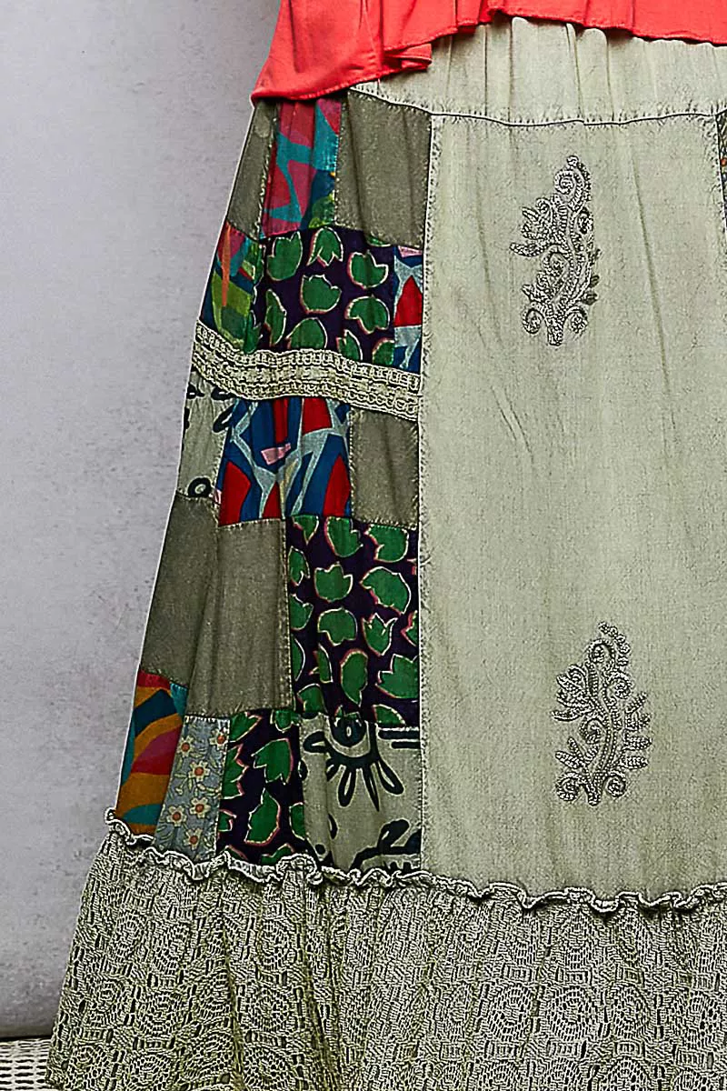 Printed Patchwork Embroidered Ruffled Skirt, image 7
