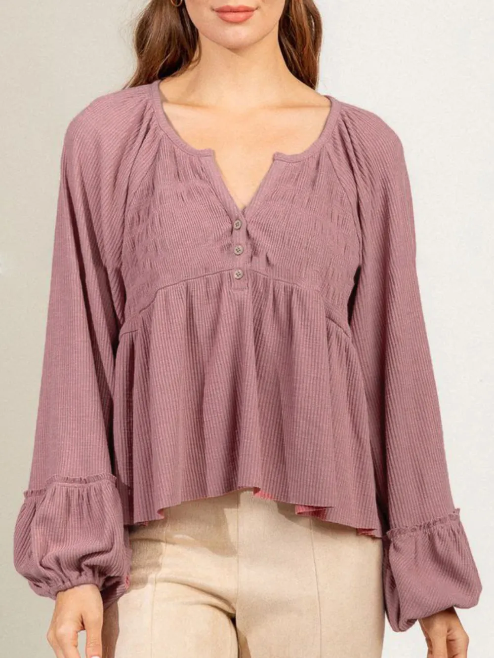 Notched Balloon Sleeve Peplum Blouse, image 10