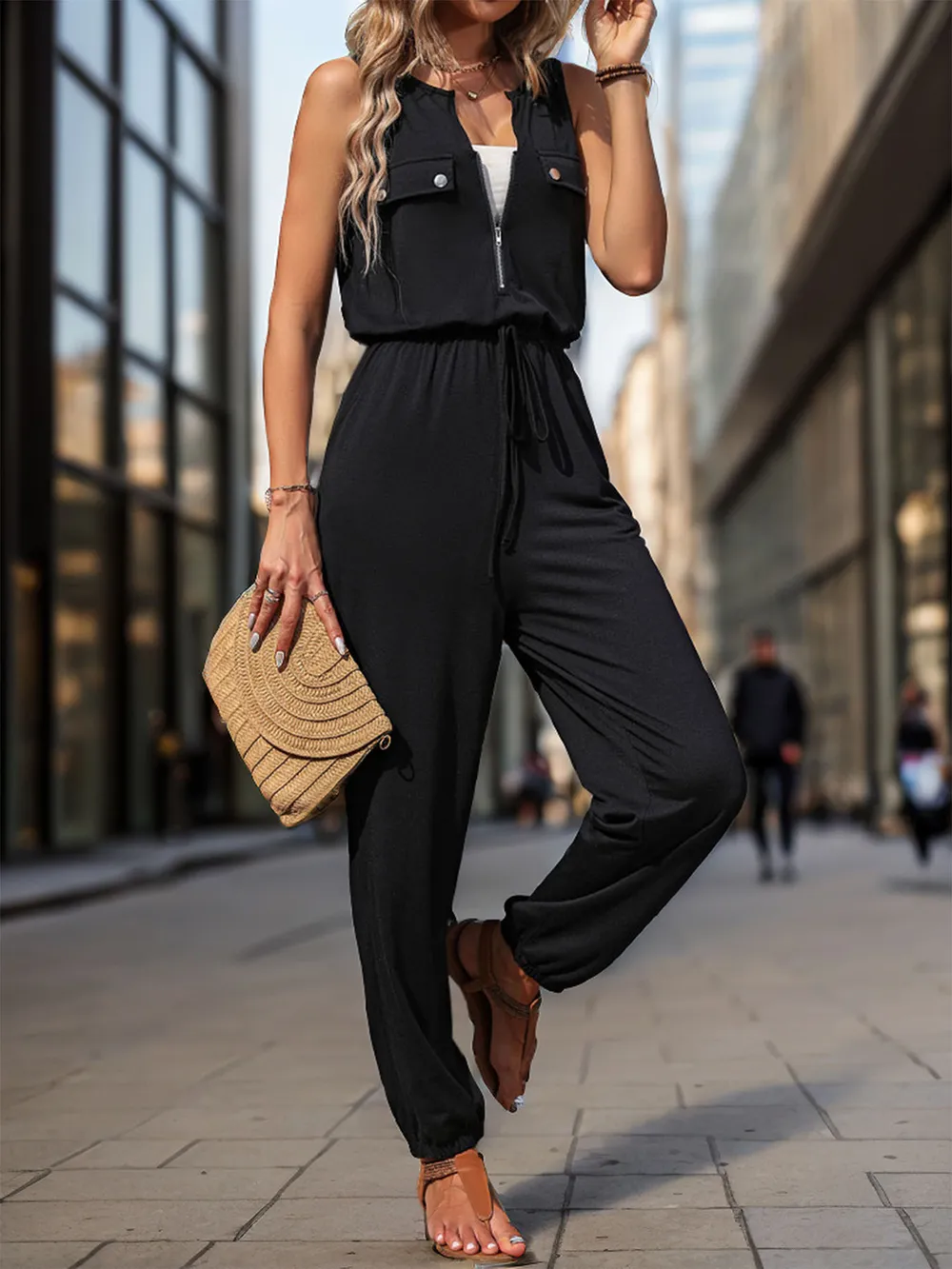 Half Zip Sleeveless Jumpsuit with Pockets, image 5