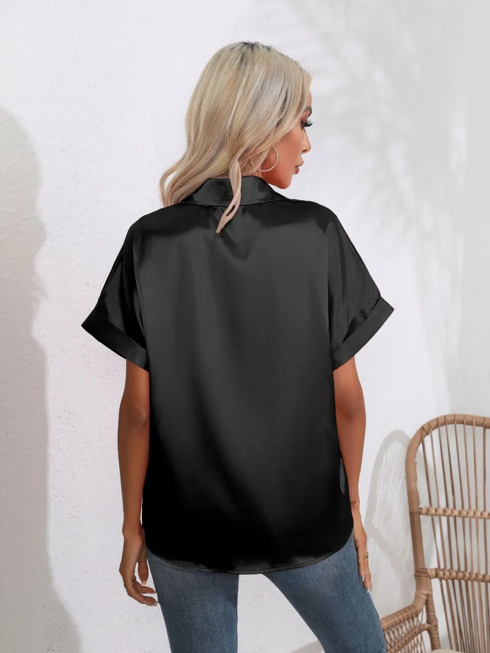 Button Down Collared Neck Short Sleeve Satin Shirt, image 20