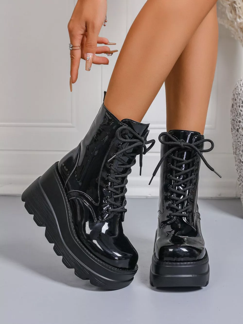 Lace Up Wedge Platform Boots, image 2