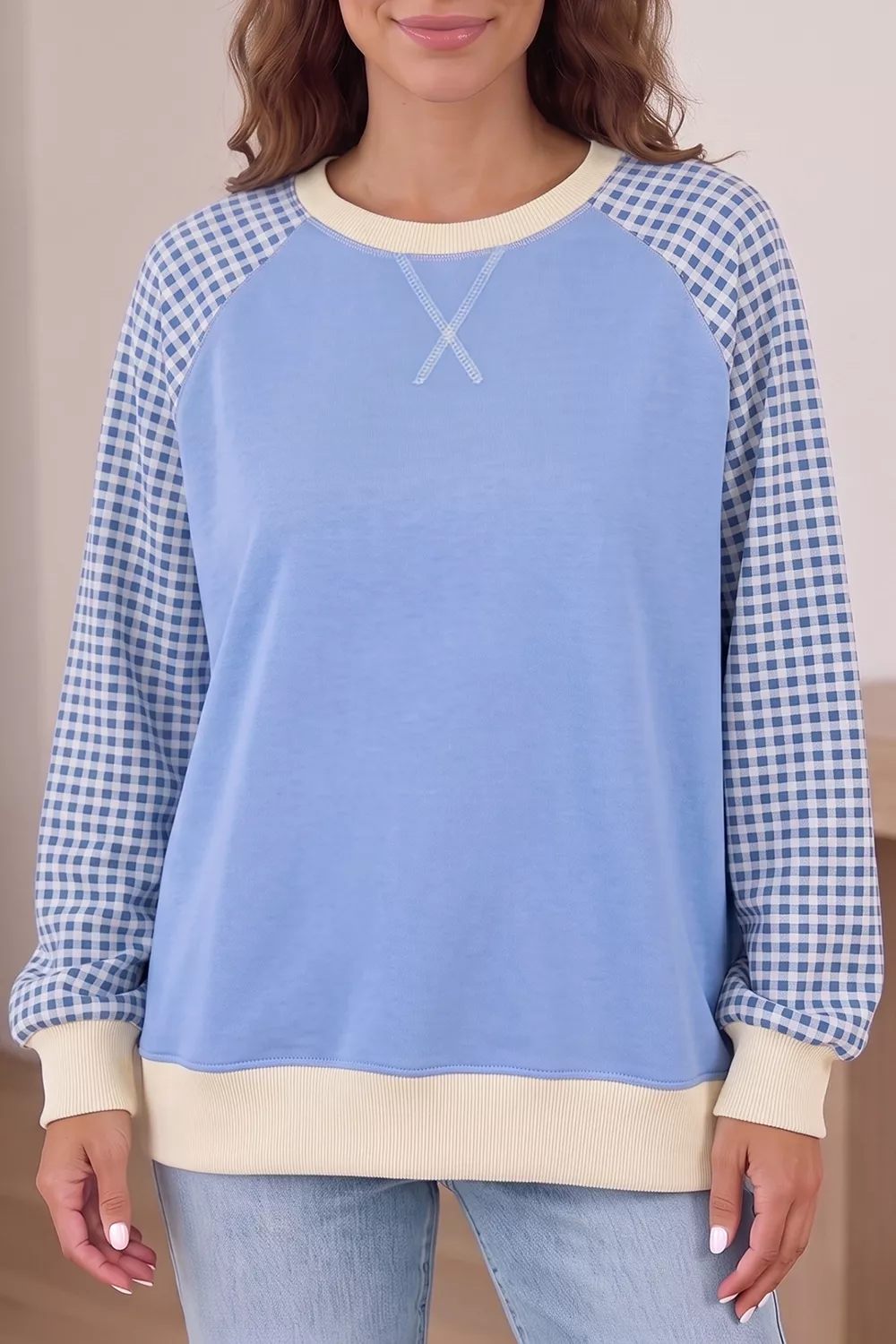 Plaid Raglan Sleeve Round Neck Sweatshirt, image 3