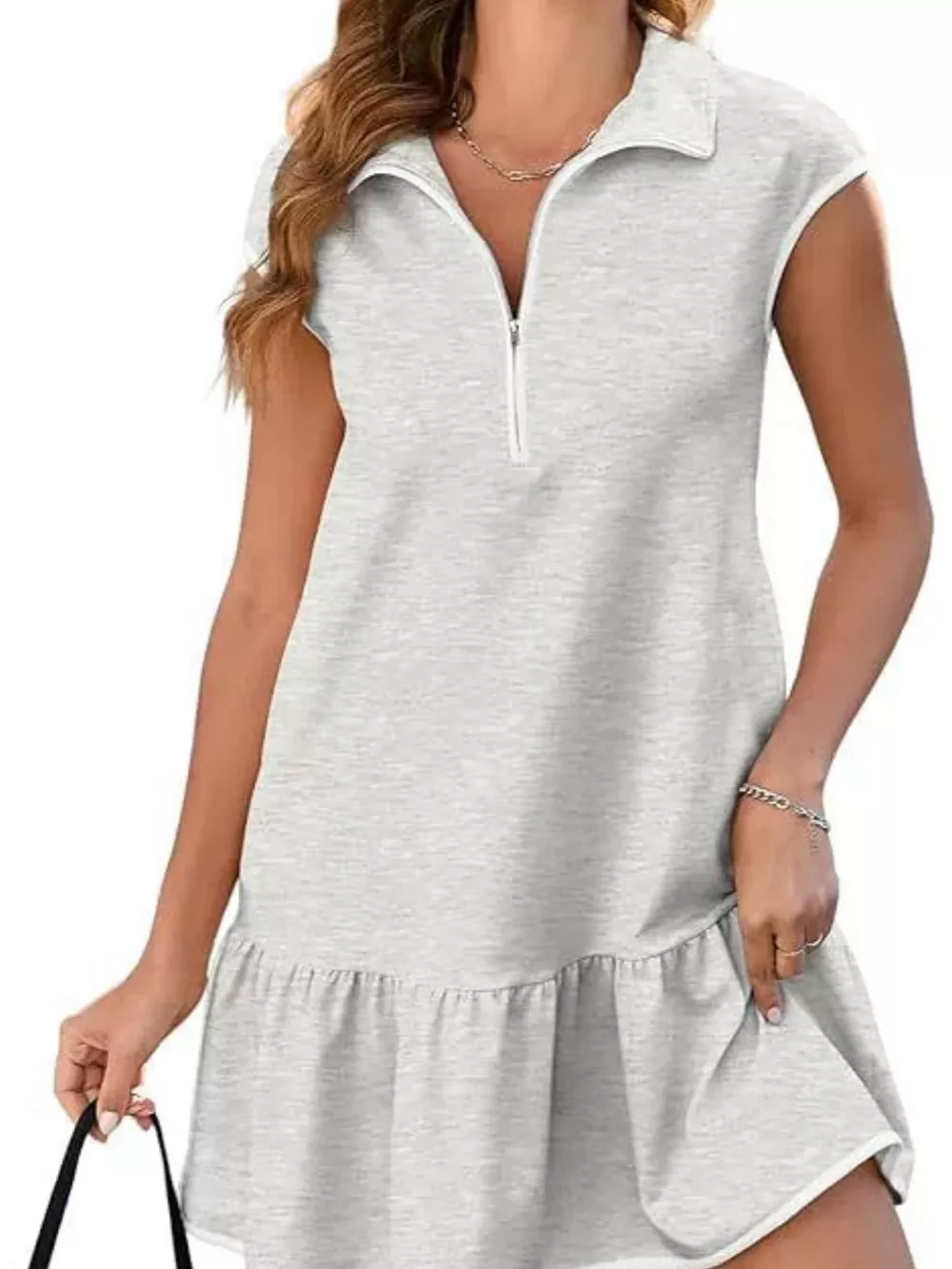 Zip Front Cap Sleeve Ruffle Hem Dress, image 18
